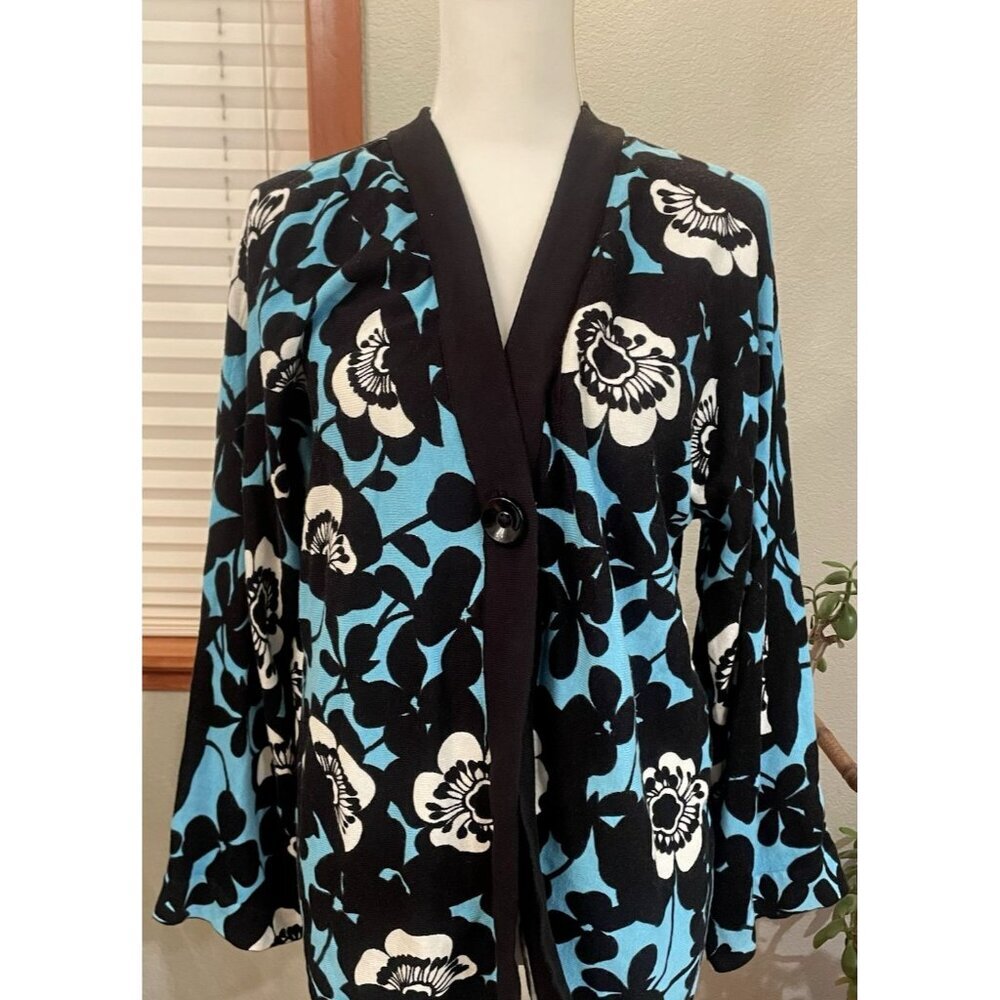 Norm Thompson Sweater Cardigan Women's Medium Floral Black Blue Career Office